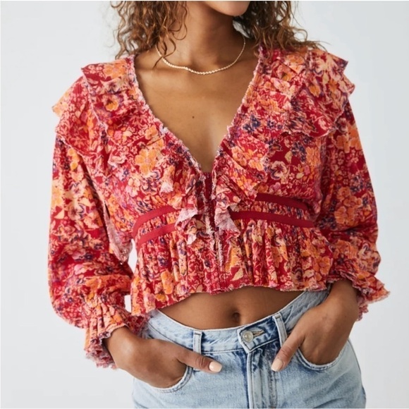 NWT FREE PEOPLE Rudi Ruffle Top Cherry Combo Small - Picture 1 of 5
